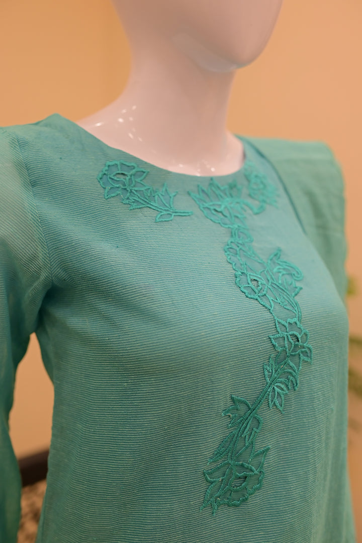 stitched cotton net 2pc Cutwork-teal