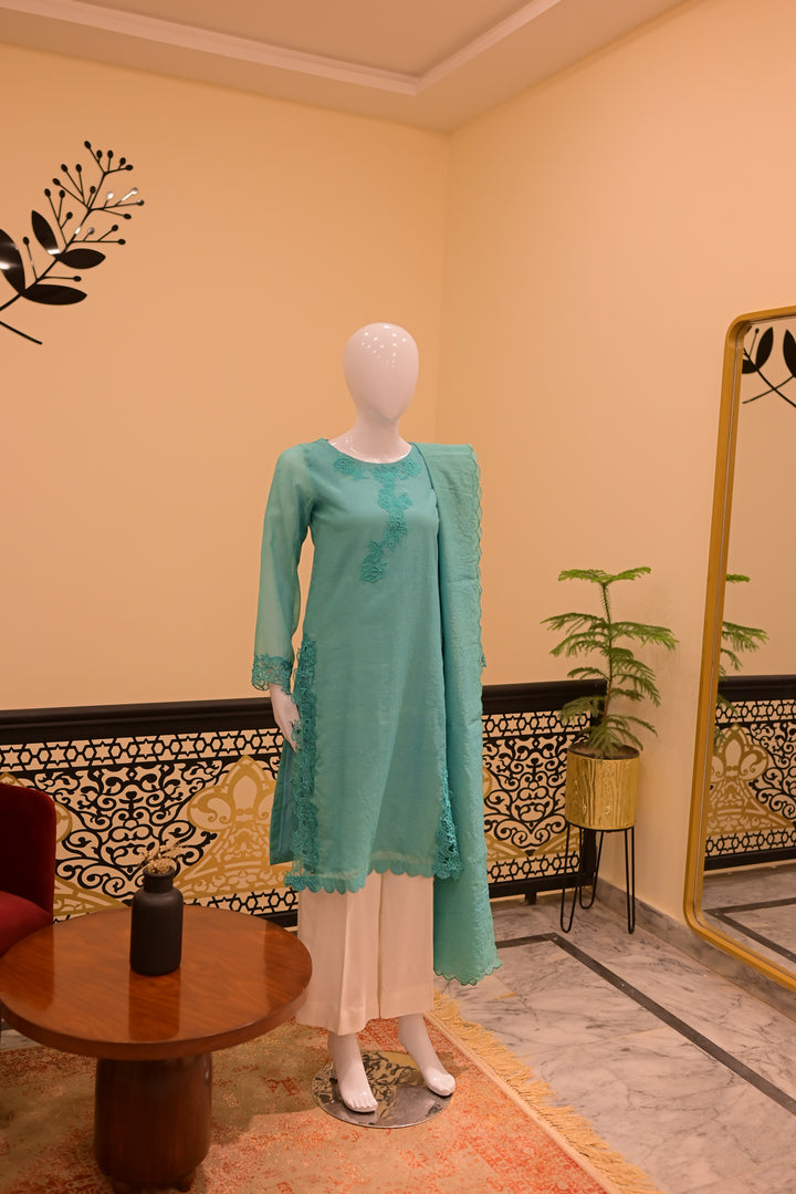 stitched cotton net 2pc Cutwork-teal