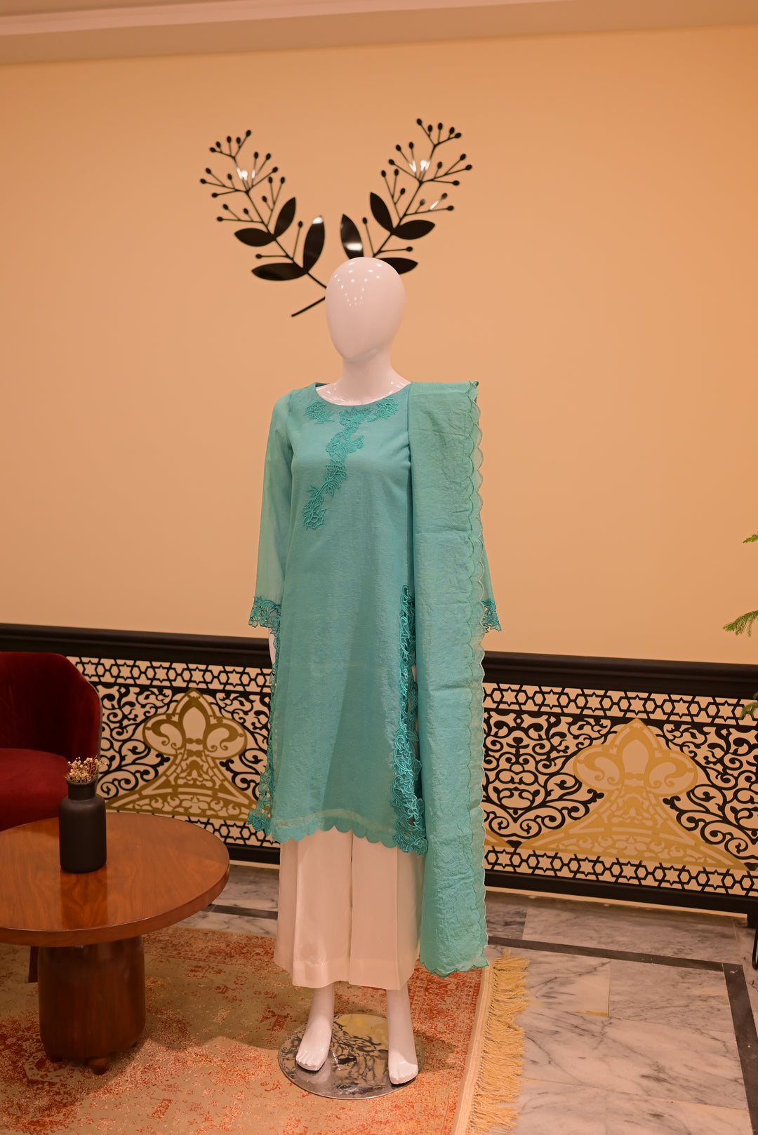 stitched cotton net 2pc Cutwork-teal