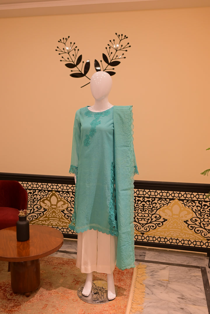 stitched cotton net 2pc Cutwork-teal