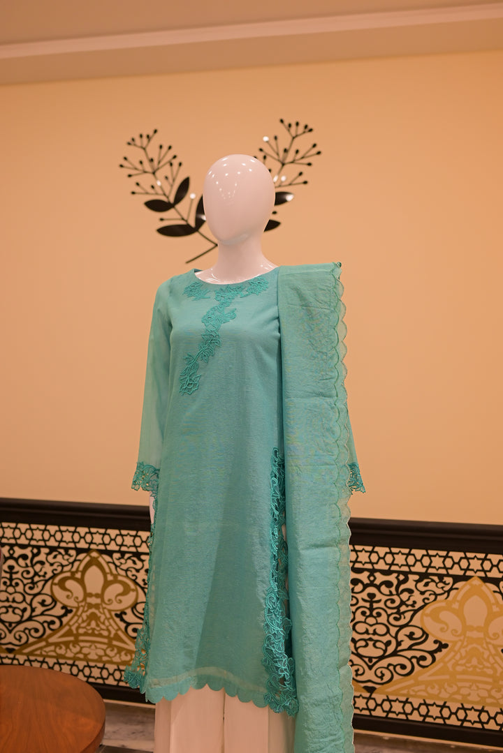stitched cotton net 2pc Cutwork-teal