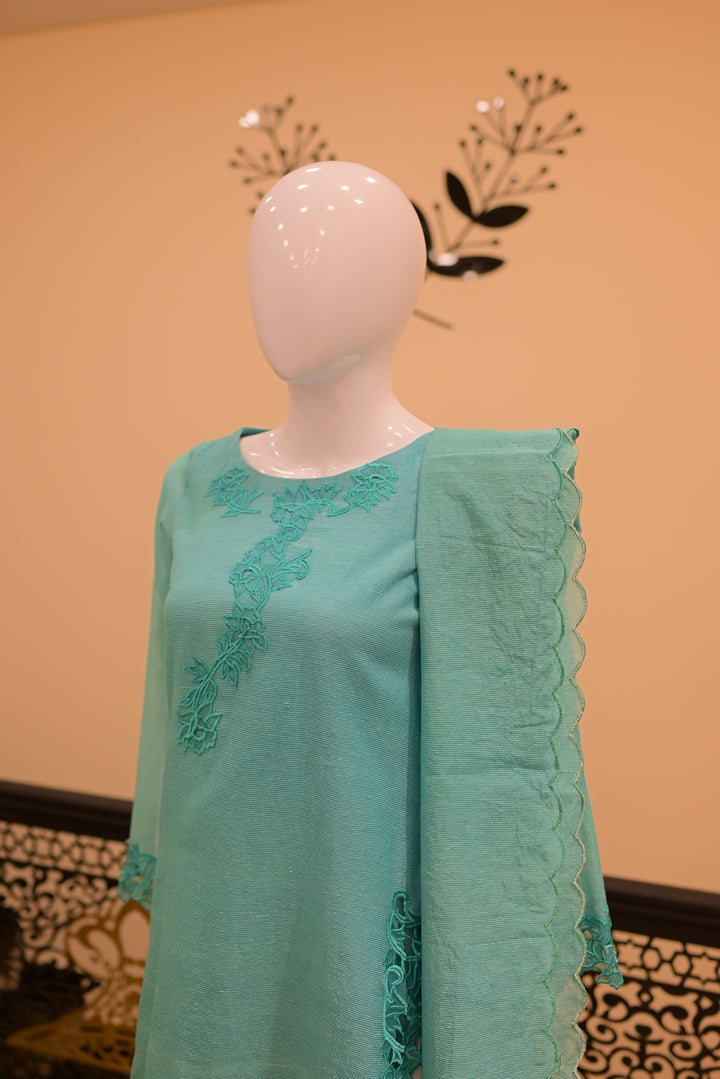 stitched cotton net 2pc Cutwork-teal
