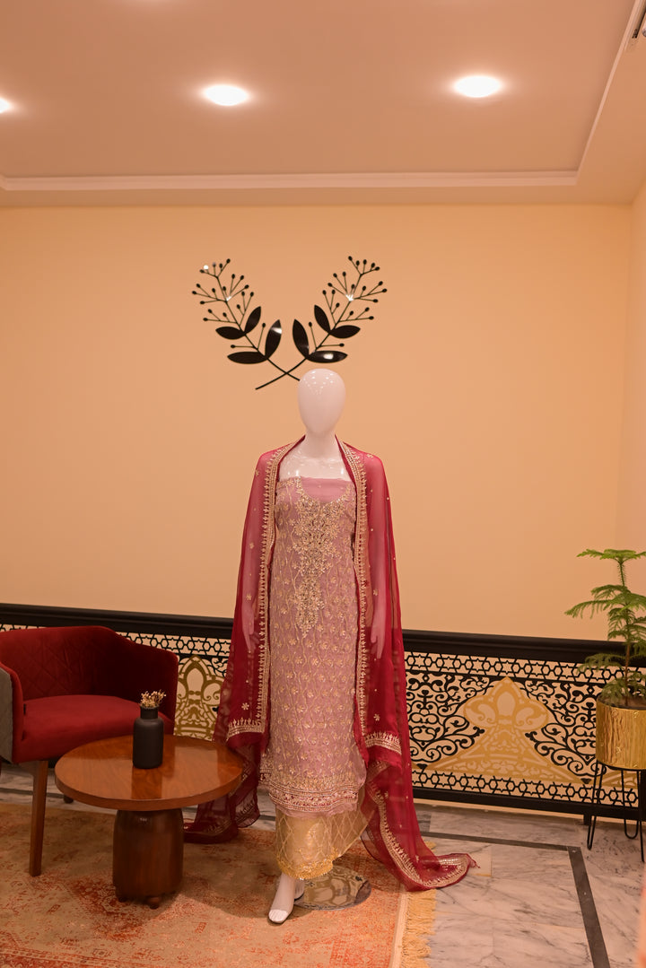 Unstsitched Cotton net+jamawar2pc  Gota-lilac