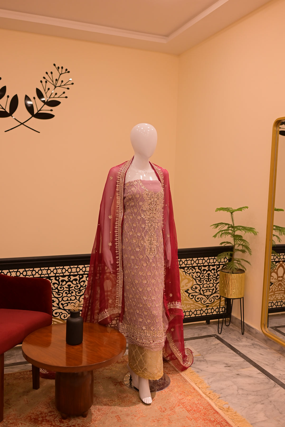 Unstsitched Cotton net+jamawar2pc  Gota-lilac