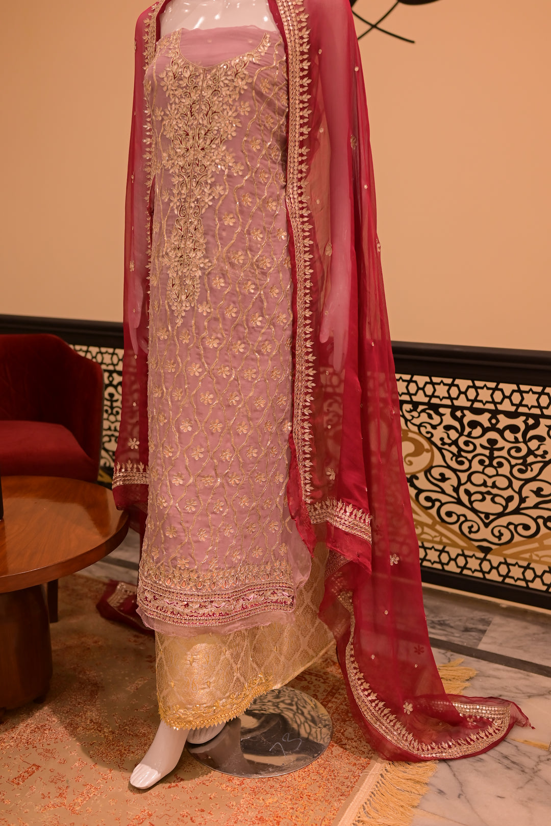 Unstsitched Cotton net+jamawar2pc  Gota-lilac