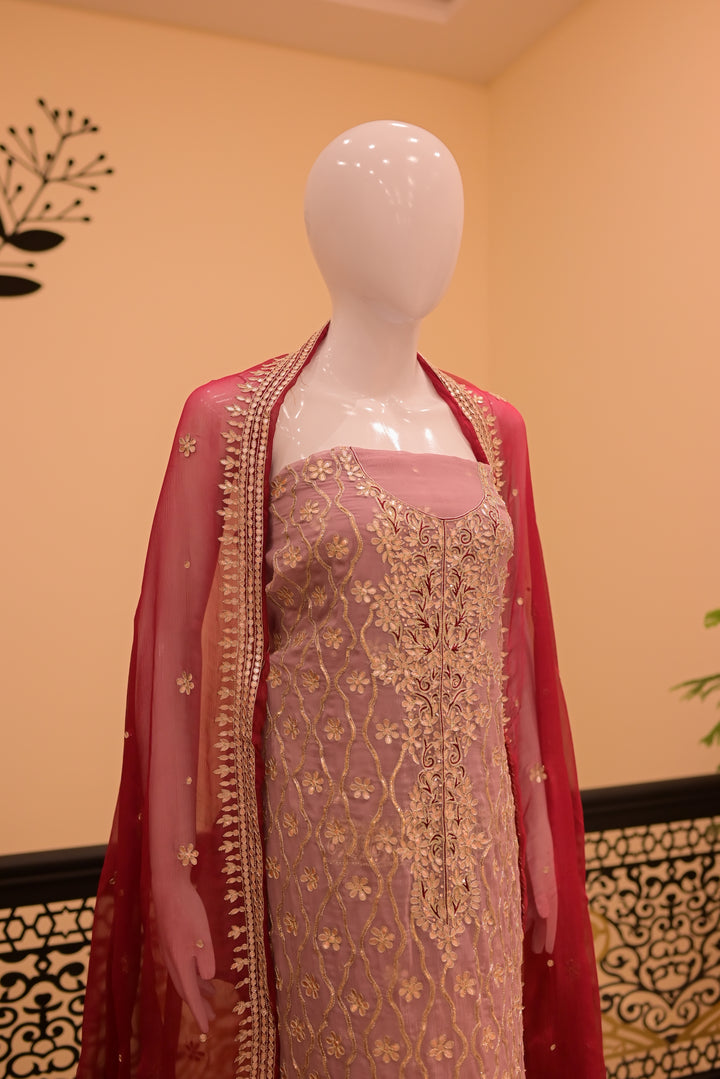 Unstsitched Cotton net+jamawar2pc  Gota-lilac