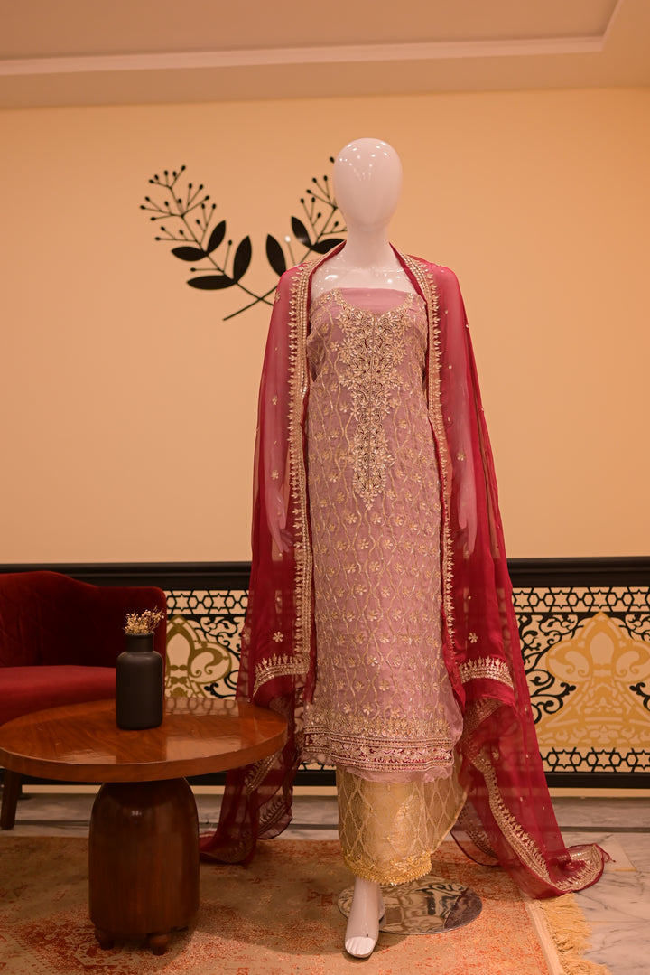 Unstsitched Cotton net+jamawar2pc  Gota-lilac