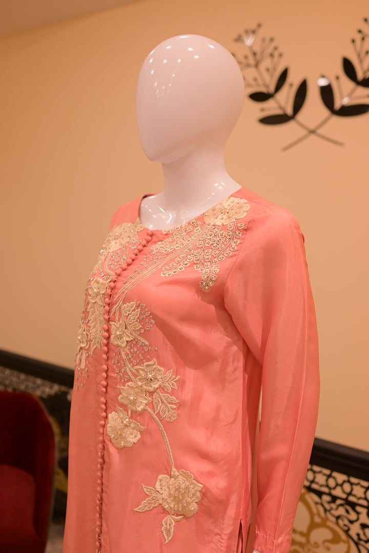 Stitched Shisha Silk  2pc (Beadswork Pink Silk tubework)-pink