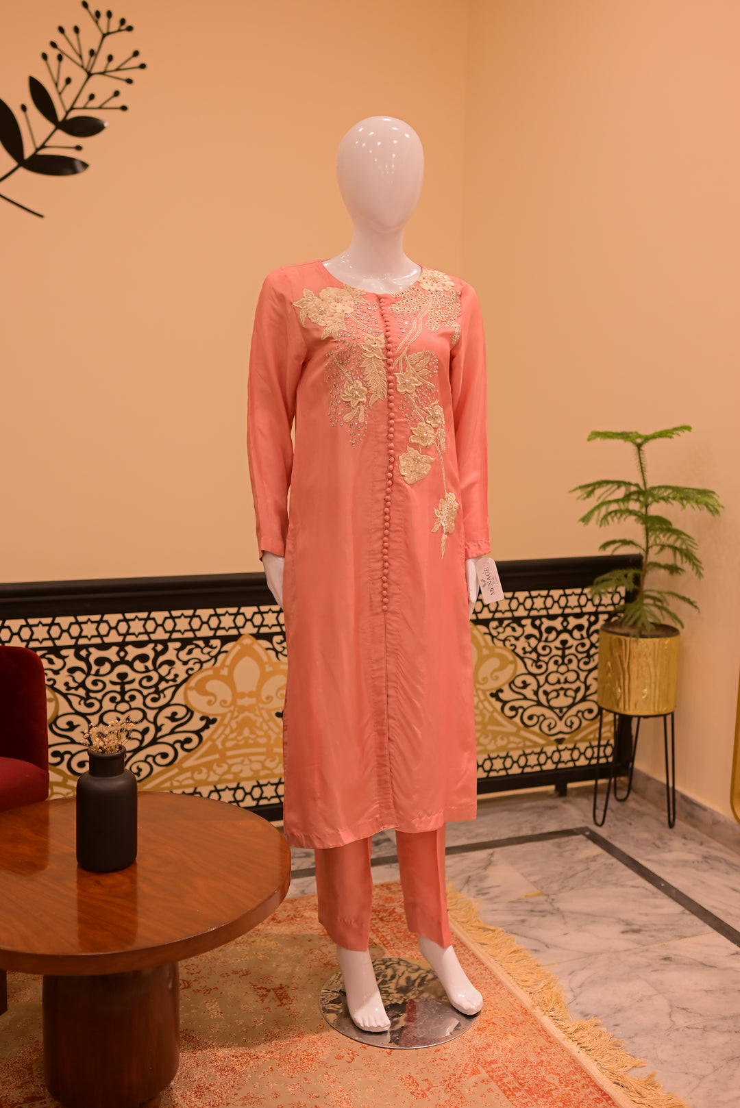 Stitched Shisha Silk  2pc (Beadswork Pink Silk tubework)-pink