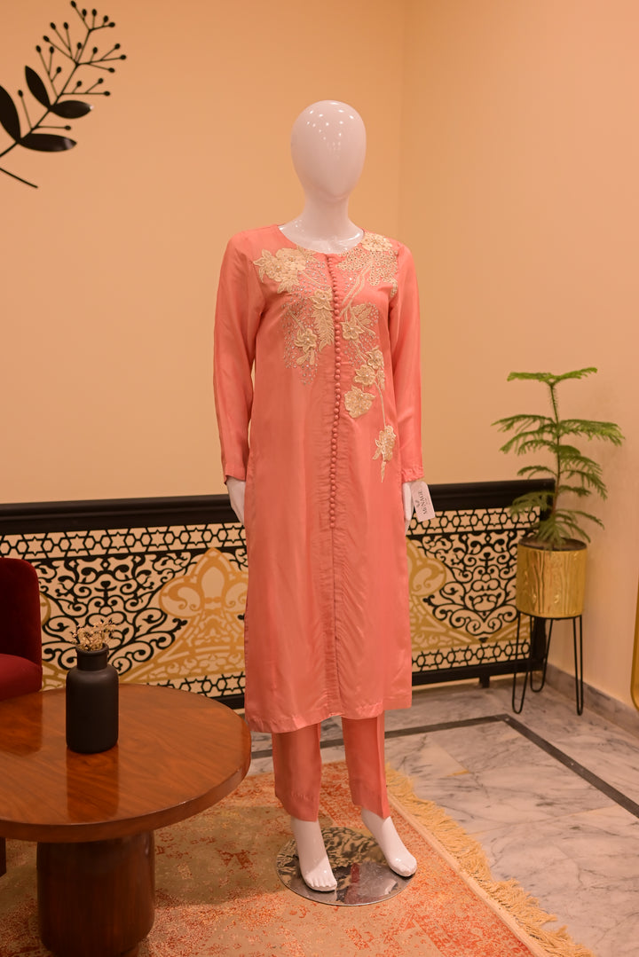 Stitched Shisha Silk  2pc (Beadswork Pink Silk tubework)-pink