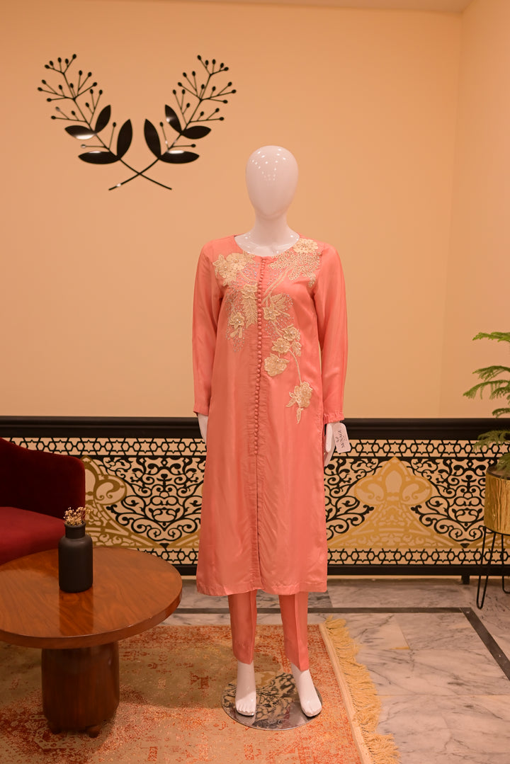 Stitched Shisha Silk  2pc (Beadswork Pink Silk tubework)-pink
