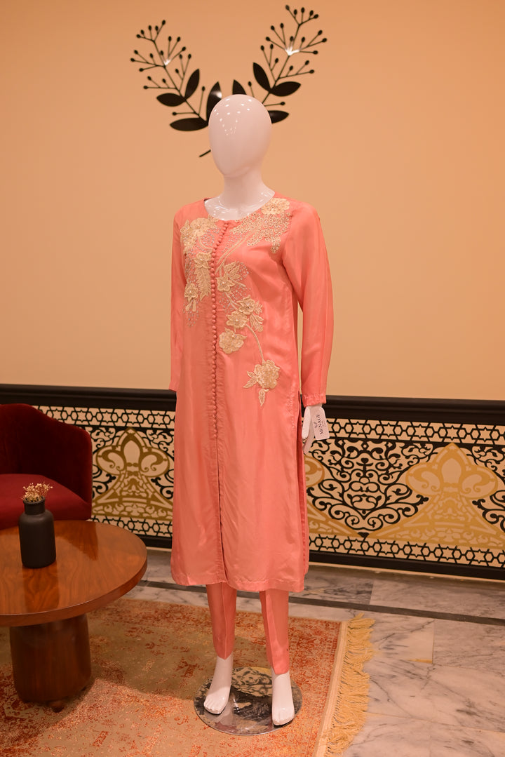 Stitched Shisha Silk  2pc (Beadswork Pink Silk tubework)-pink