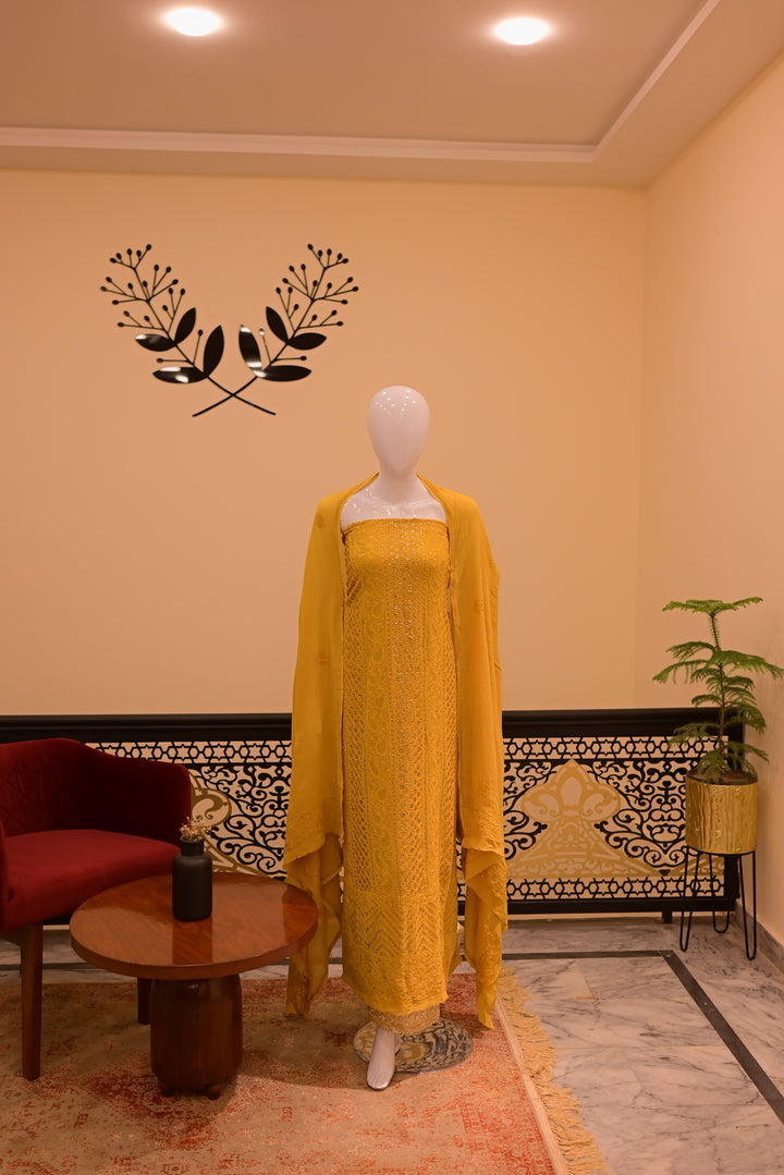 Unstitched Chiffon 2pc Indian Mukesh-Mustard