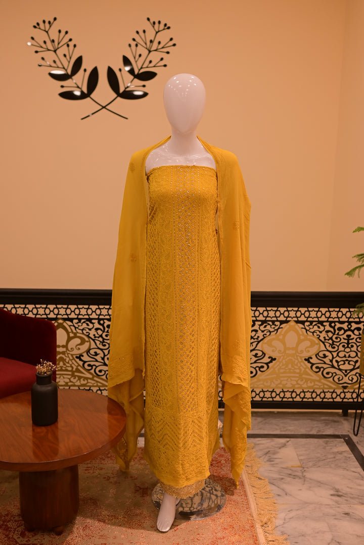 Unstitched Chiffon 2pc Indian Mukesh-Mustard