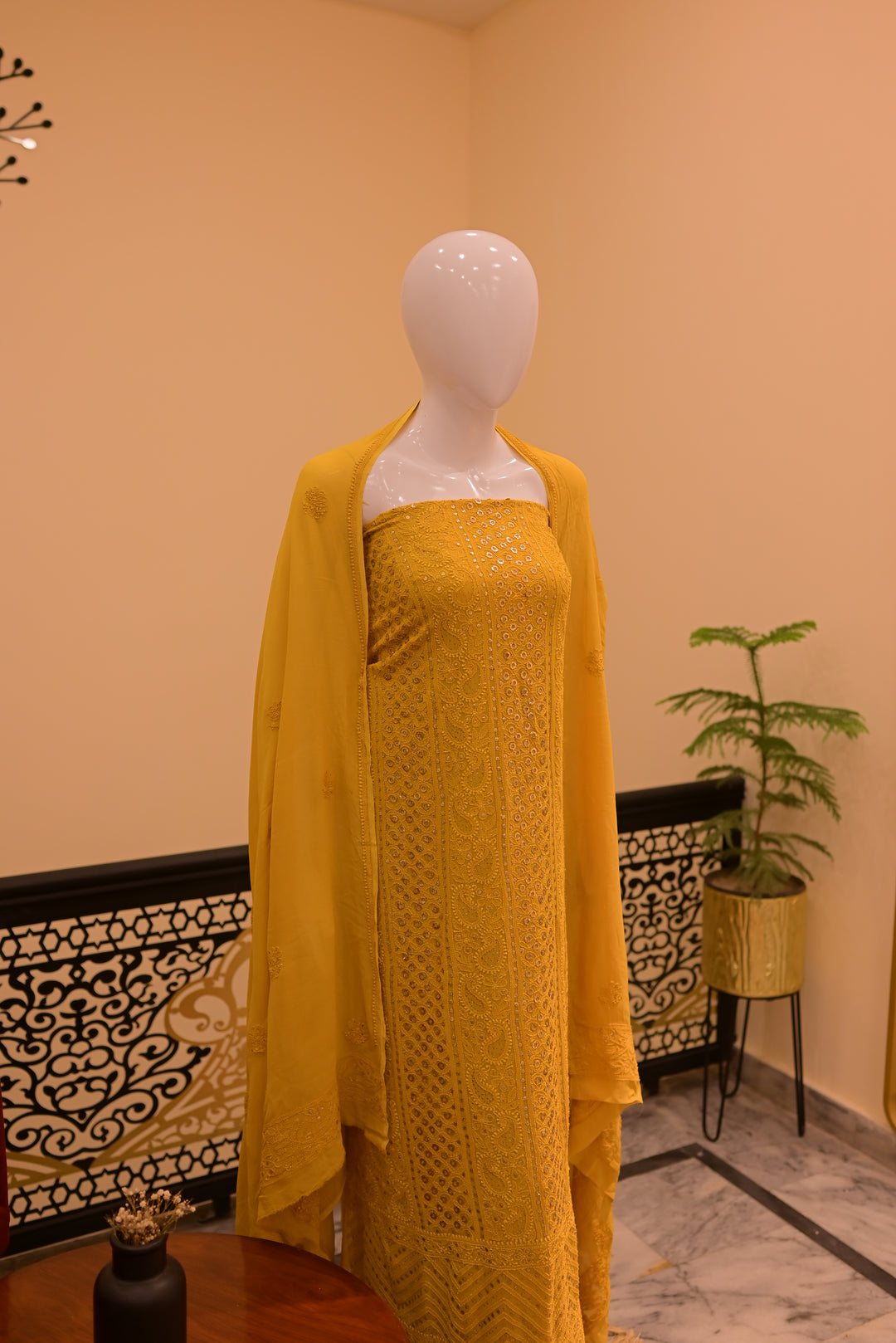 Unstitched Chiffon 2pc Indian Mukesh-Mustard