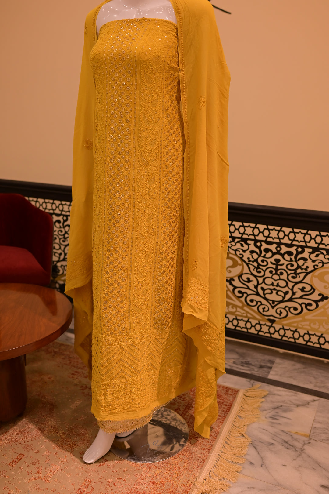 Unstitched Chiffon 2pc Indian Mukesh-Mustard