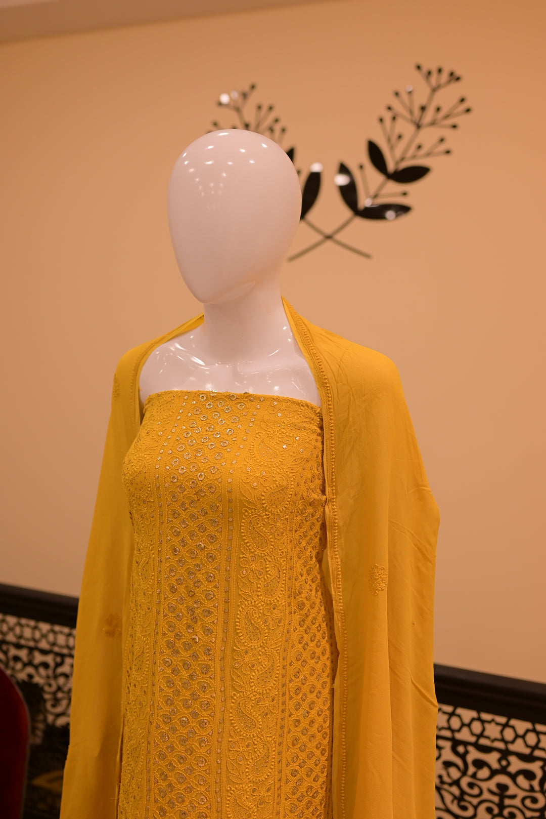 Unstitched Chiffon 2pc Indian Mukesh-Mustard