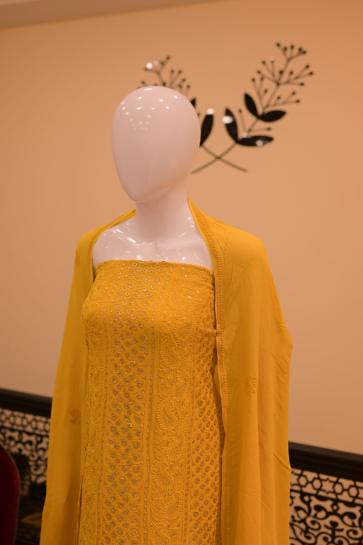 Unstitched Chiffon 2pc Indian Mukesh-Mustard