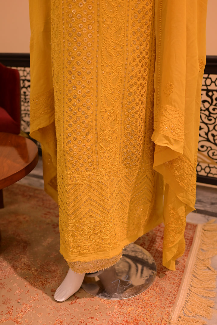 Unstitched Chiffon 2pc Indian Mukesh-Mustard