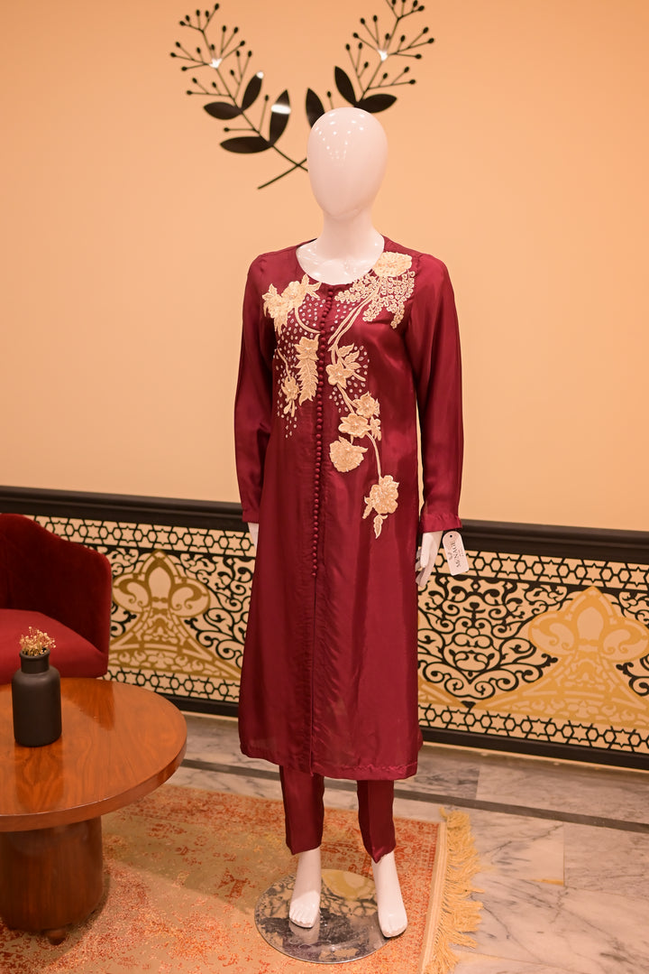 Stitched shisha silk 2pc-maroon