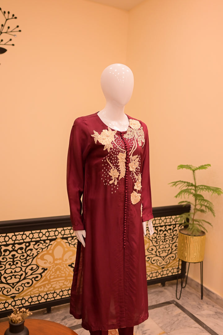Stitched shisha silk 2pc-maroon