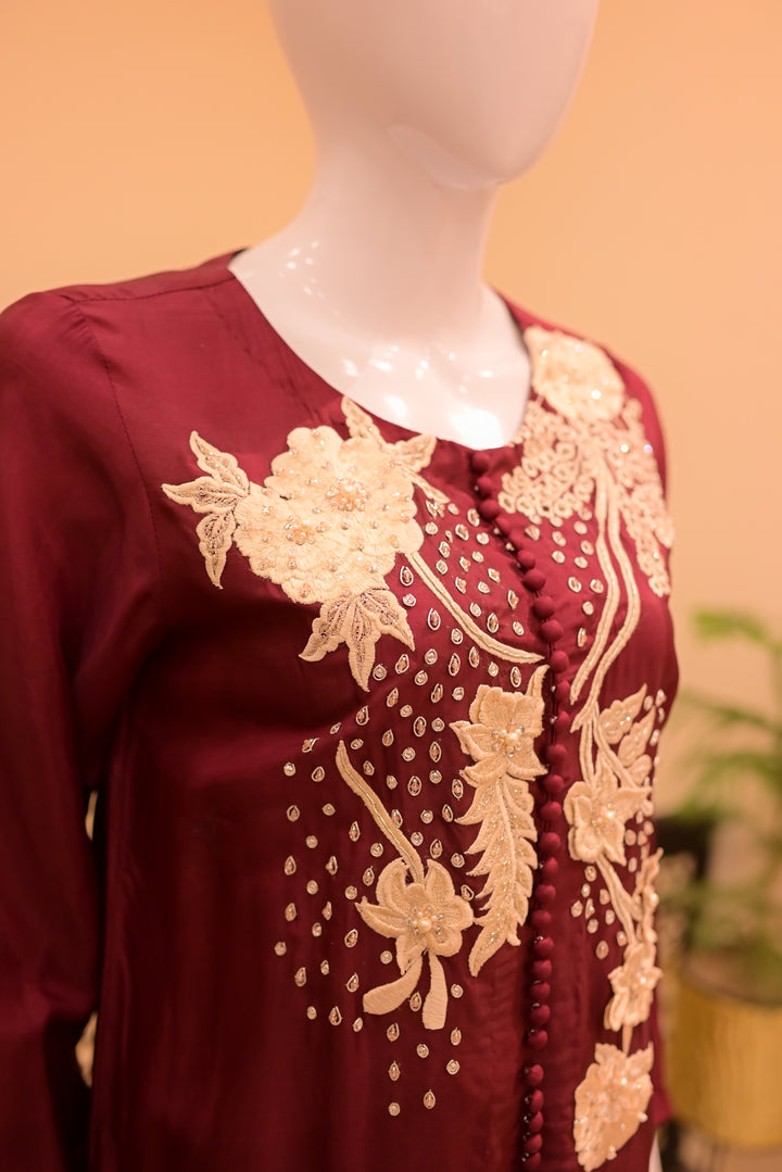 Stitched shisha silk 2pc-maroon