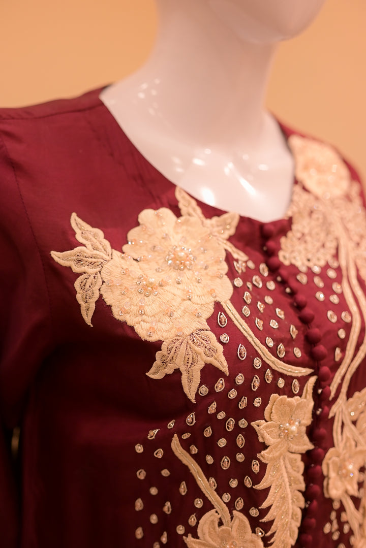 Stitched shisha silk 2pc-maroon