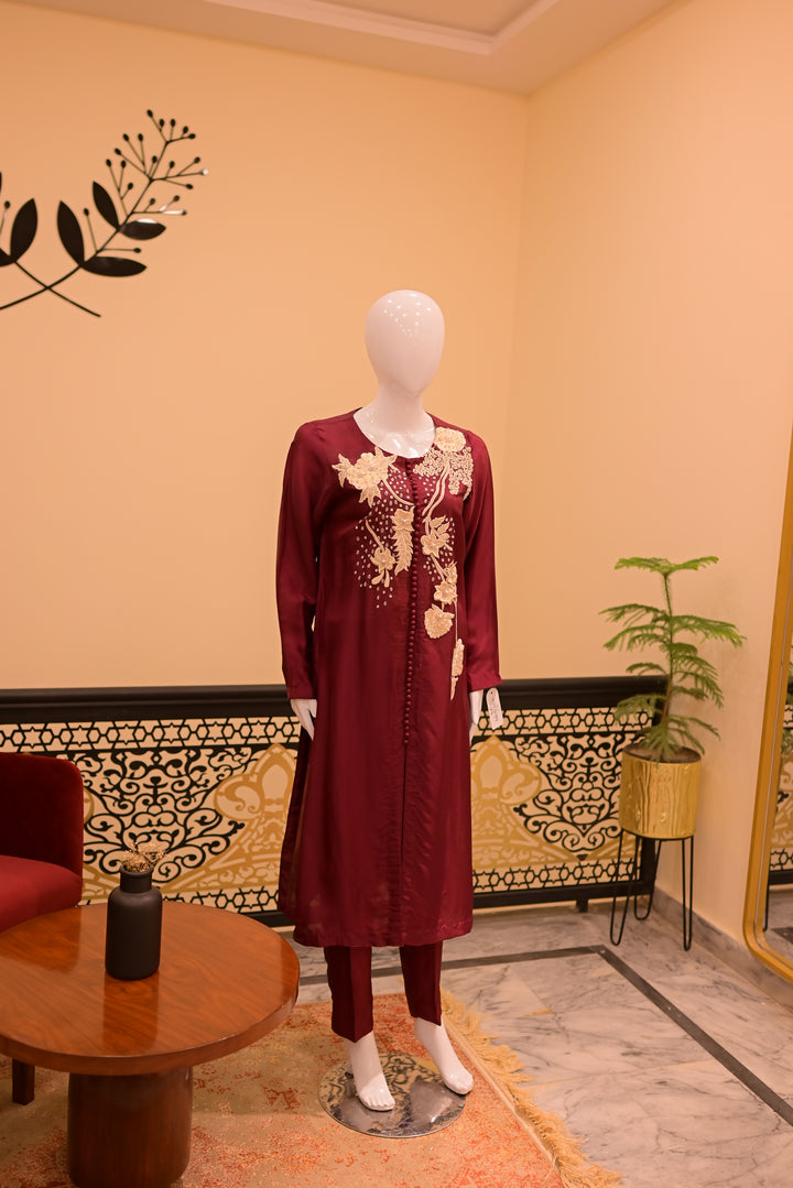 Stitched shisha silk 2pc-maroon