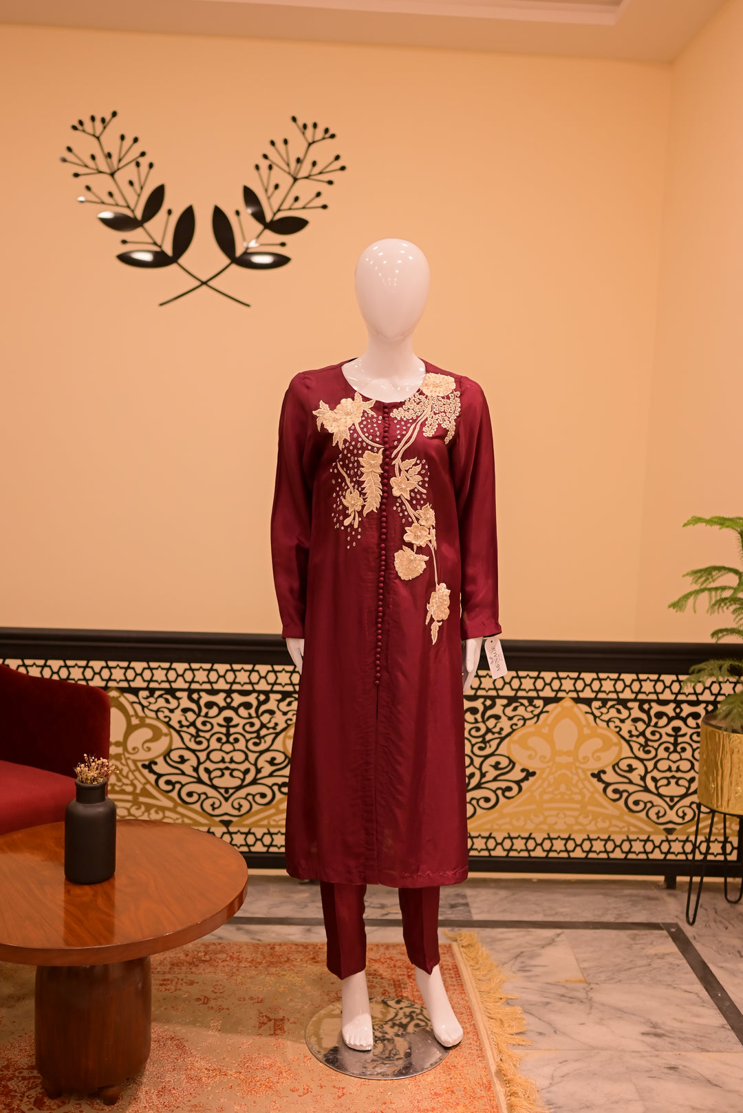 Stitched shisha silk 2pc-maroon