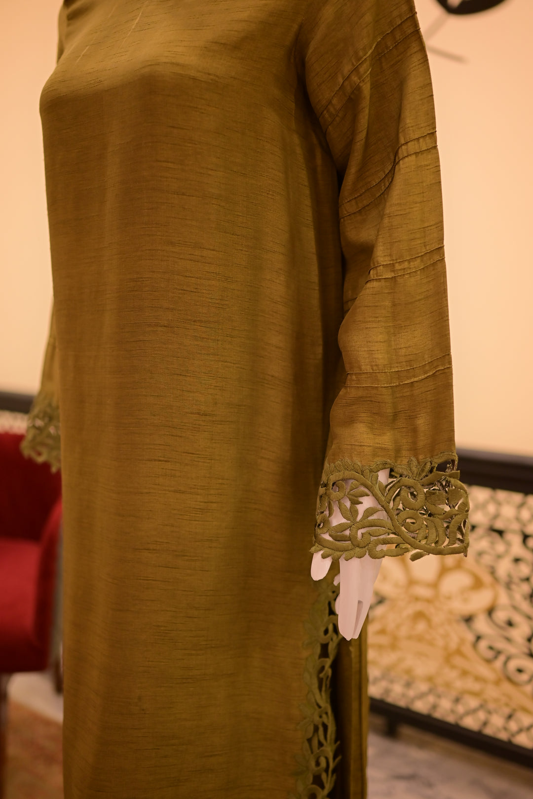 Stitched Raw Silk Cutwork-Rust