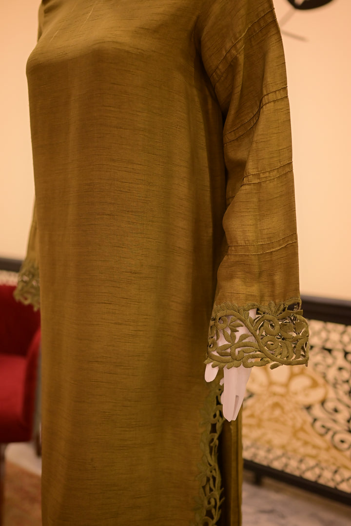 Stitched Raw Silk Cutwork-Rust