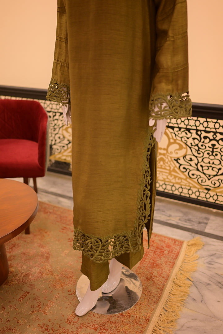 Stitched Raw Silk Cutwork-Rust