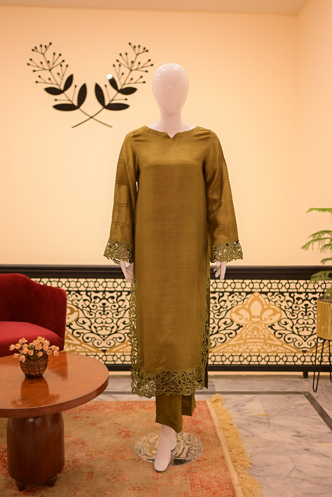 Stitched Raw Silk Cutwork-Rust