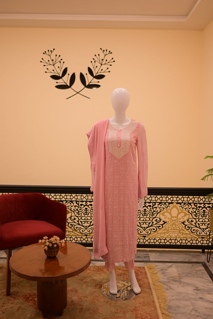 Stitched Chiffon 3pc  Beadswork+Chickenkari-Pink