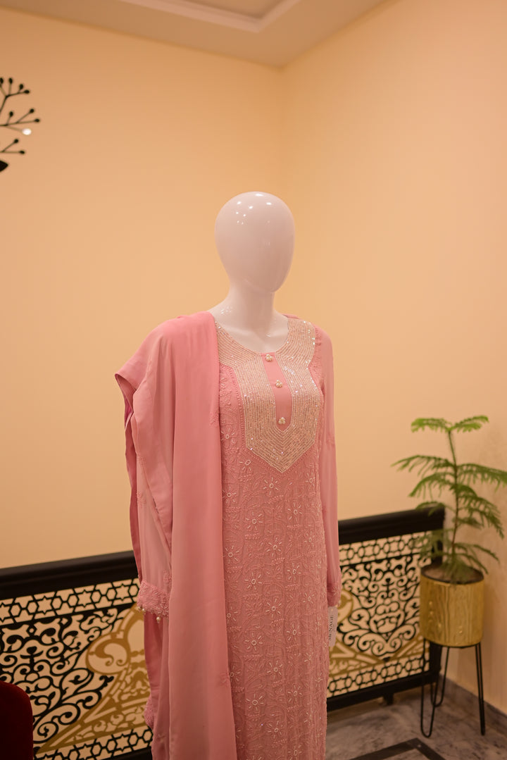 Stitched Chiffon 3pc  Beadswork+Chickenkari-Pink