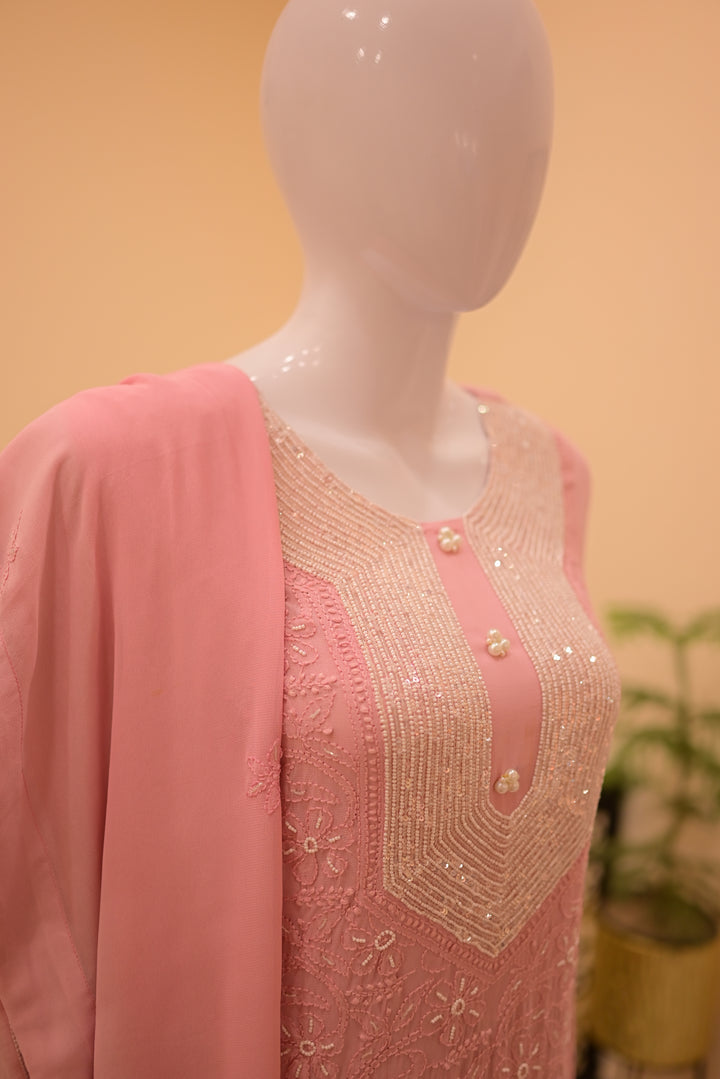 Stitched Chiffon 3pc  Beadswork+Chickenkari-Pink