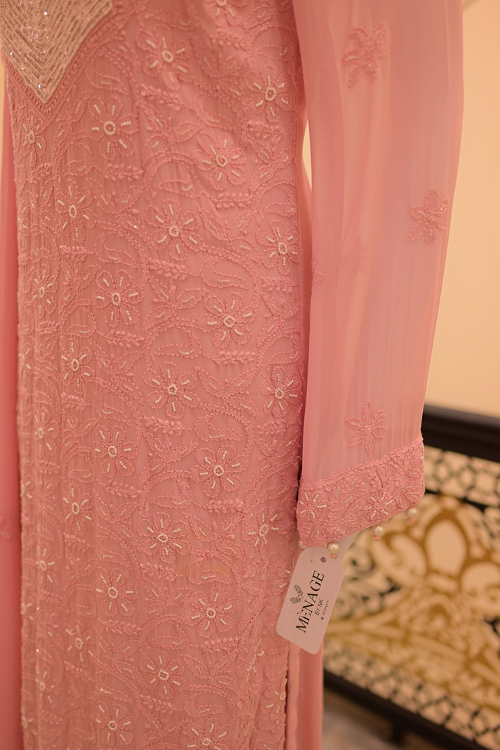 Stitched Chiffon 3pc  Beadswork+Chickenkari-Pink
