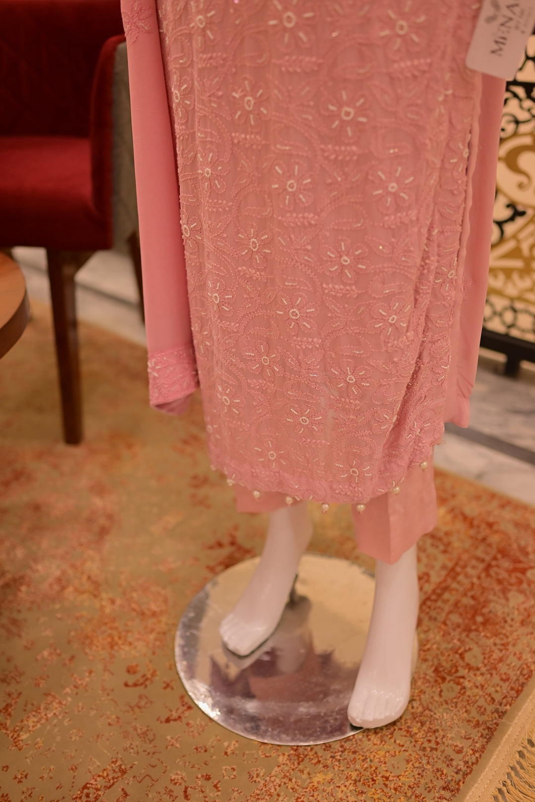 Stitched Chiffon 3pc  Beadswork+Chickenkari-Pink