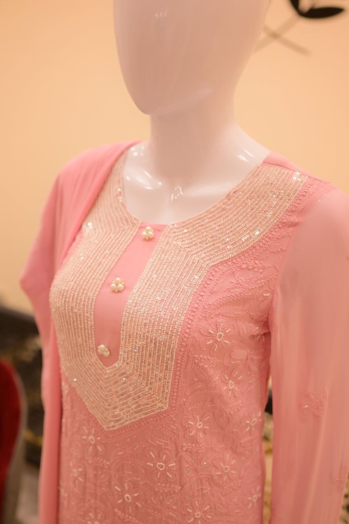 Stitched Chiffon 3pc  Beadswork+Chickenkari-Pink