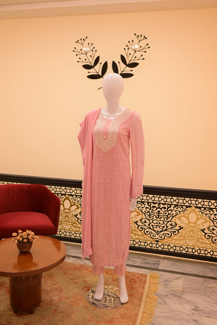 Stitched Chiffon 3pc  Beadswork+Chickenkari-Pink