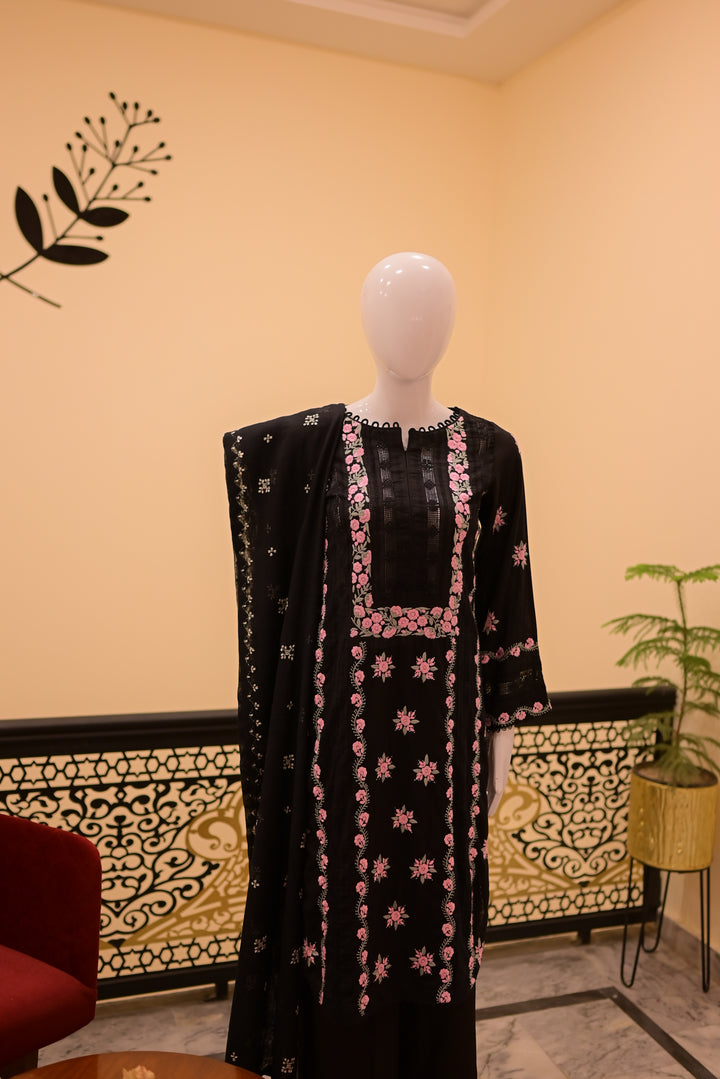 Stitched Shirt+Dupatta(sep) Lawn+Cotton Net Tarkashi-Black