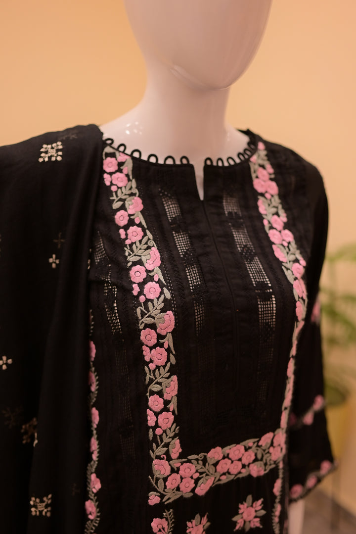 Stitched Shirt+Dupatta(sep) Lawn+Cotton Net Tarkashi-Black