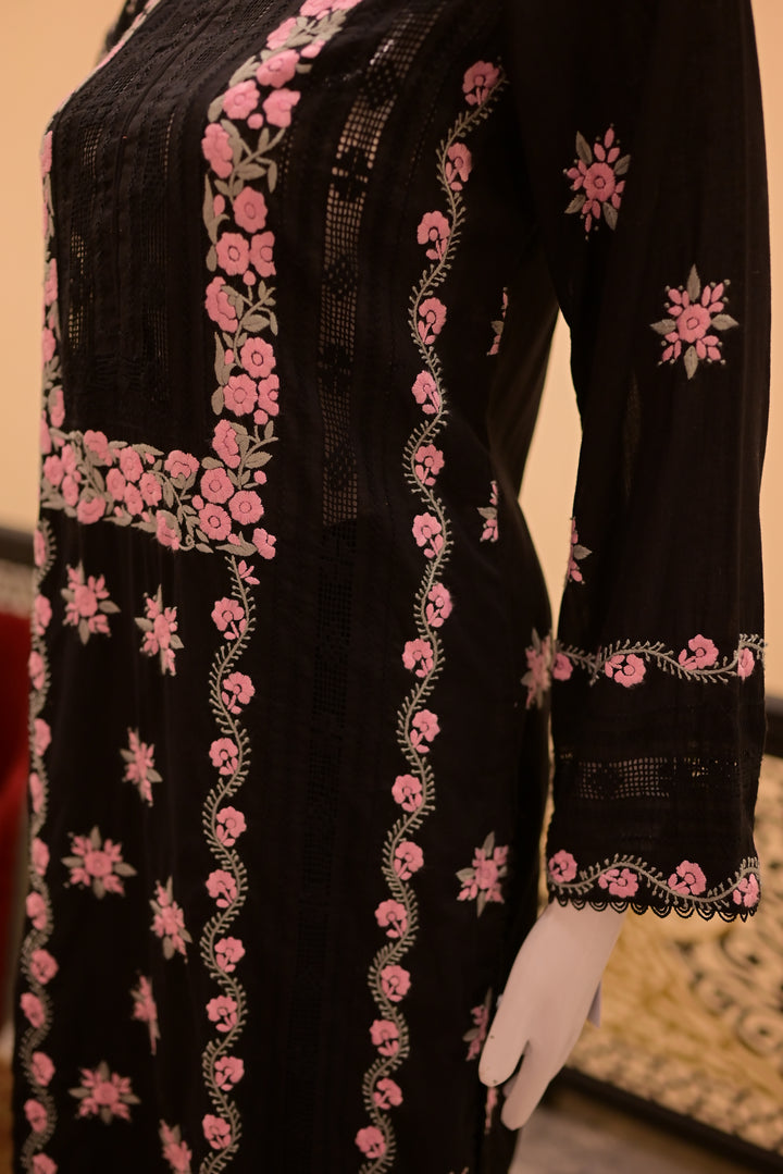 Stitched Shirt+Dupatta(sep) Lawn+Cotton Net Tarkashi-Black