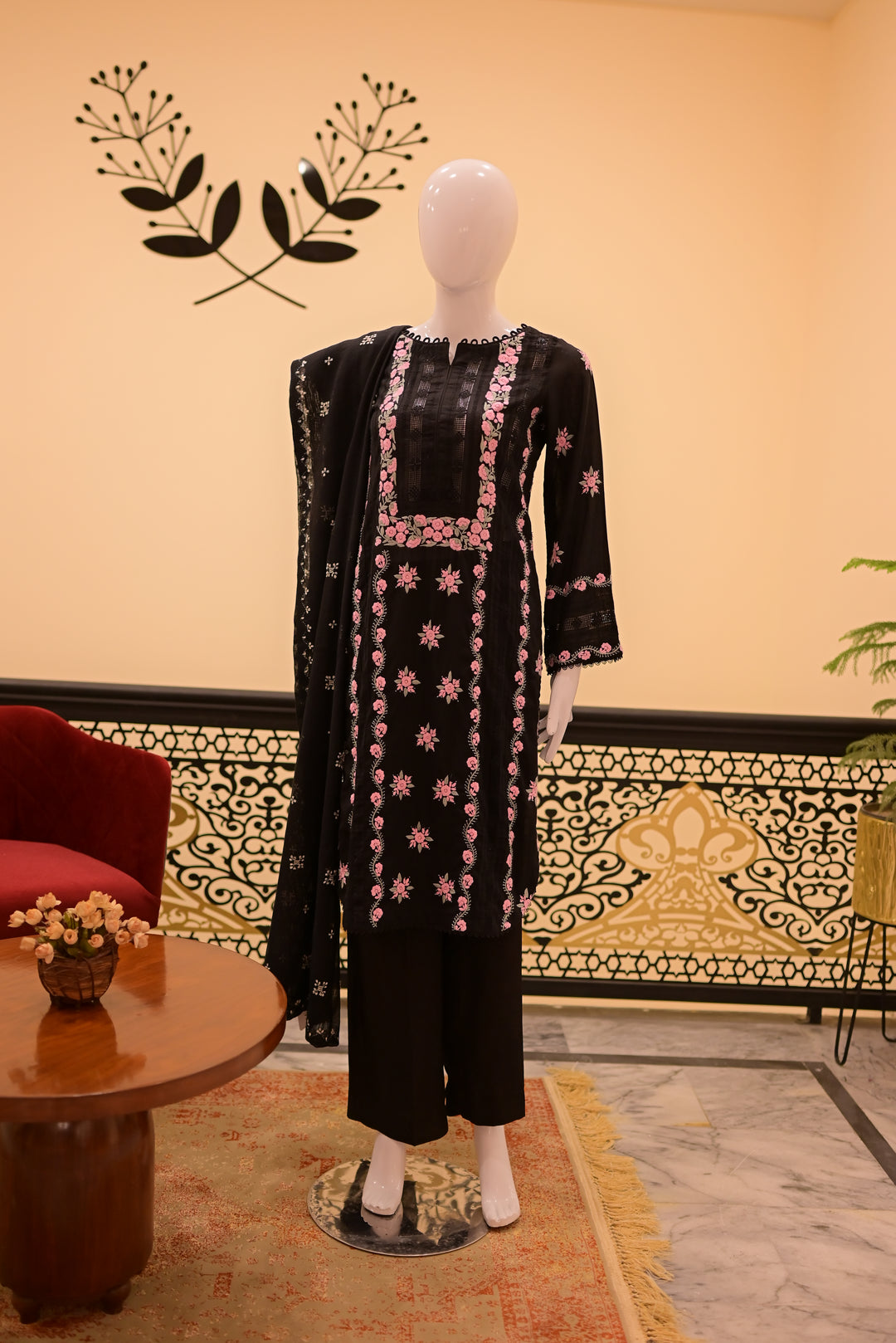 Stitched Shirt+Dupatta(sep) Lawn+Cotton Net Tarkashi-Black
