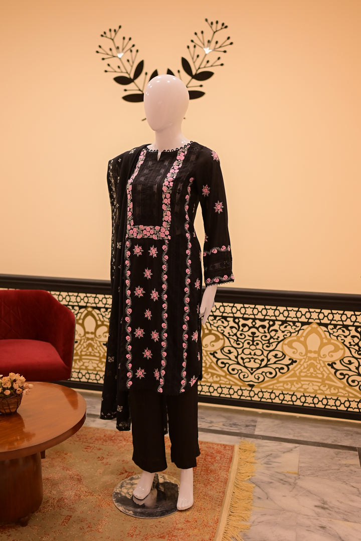 Stitched Shirt+Dupatta(sep) Lawn+Cotton Net Tarkashi-Black
