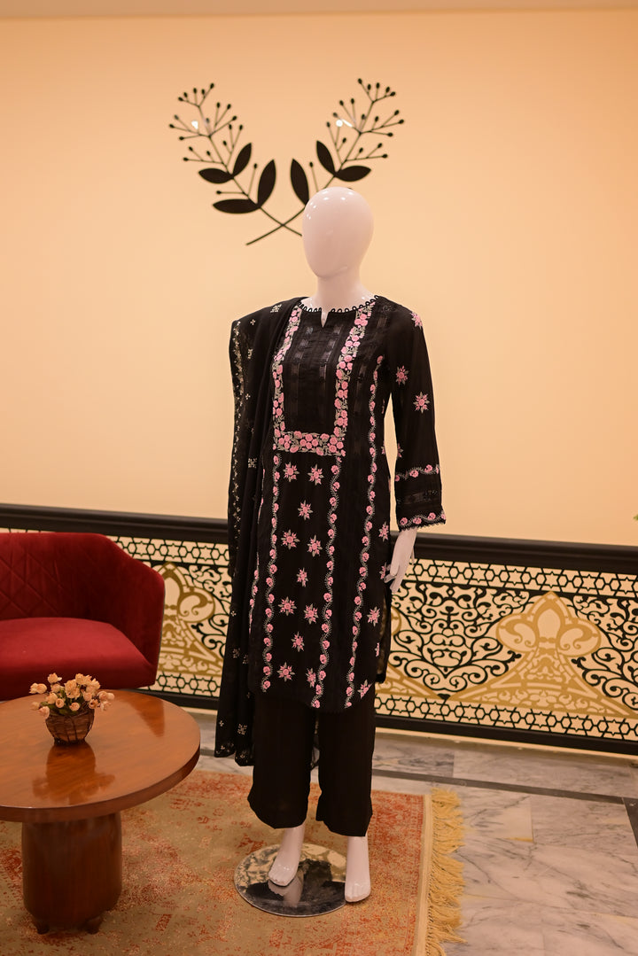 Stitched Shirt+Dupatta(sep) Lawn+Cotton Net Tarkashi-Black