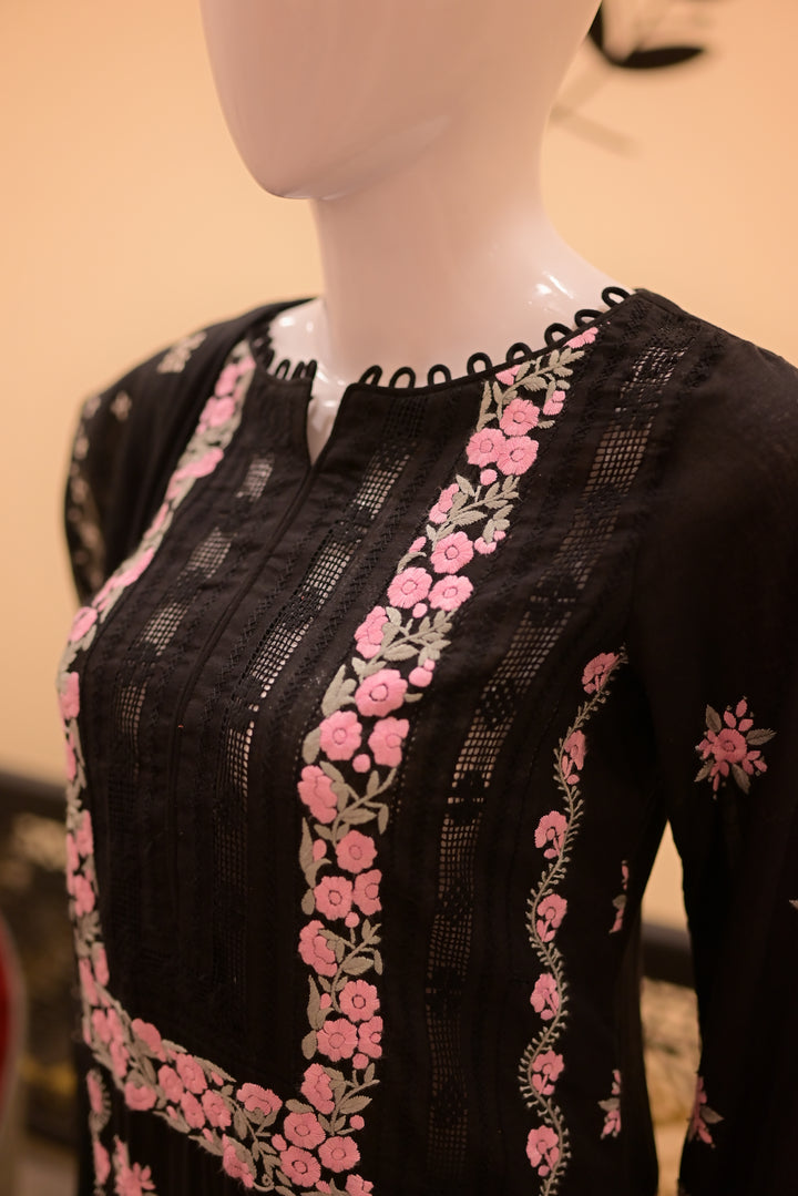 Stitched Shirt+Dupatta(sep) Lawn+Cotton Net Tarkashi-Black