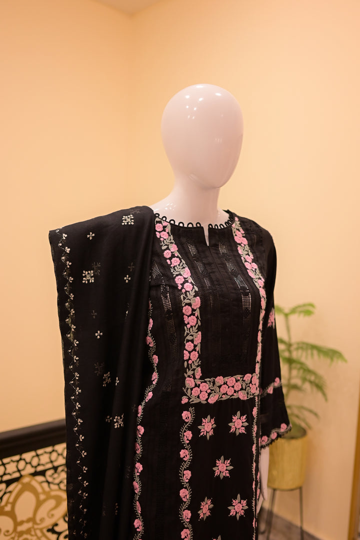 Stitched Shirt+Dupatta(sep) Lawn+Cotton Net Tarkashi-Black