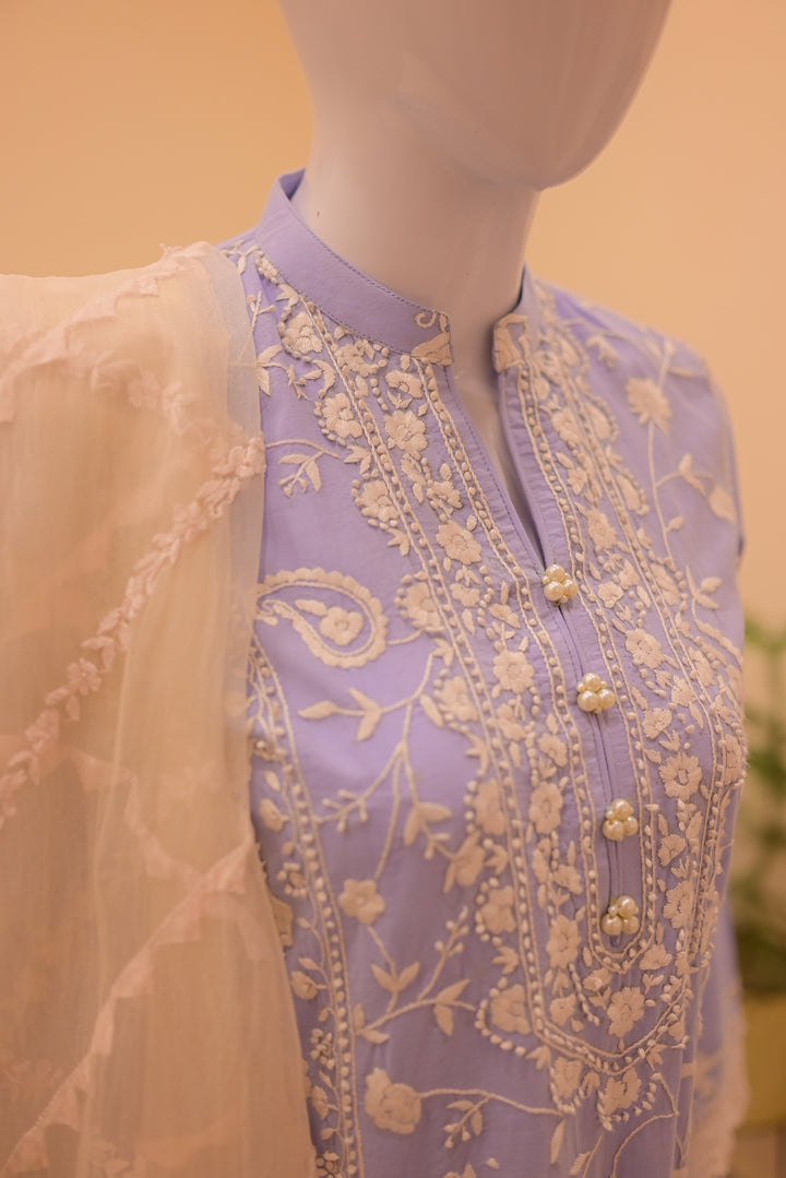 Stitched Shirt+Dupatta(sep) Lawn+Cotton Net-Sky Blue