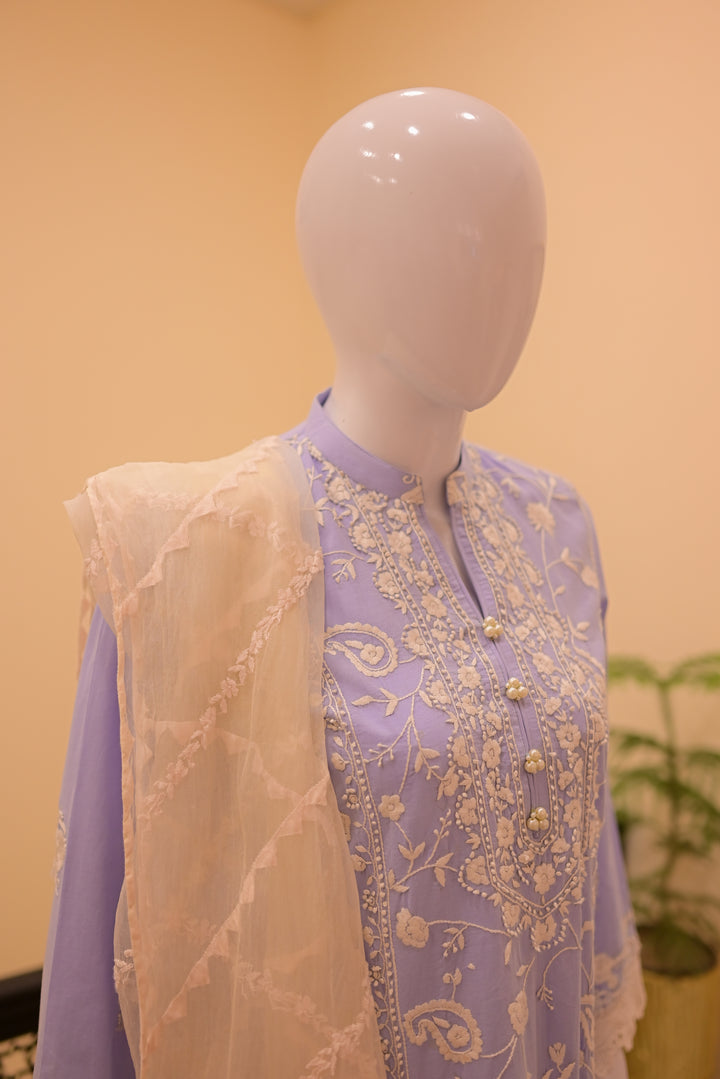 Stitched Shirt+Dupatta(sep) Lawn+Cotton Net-Sky Blue